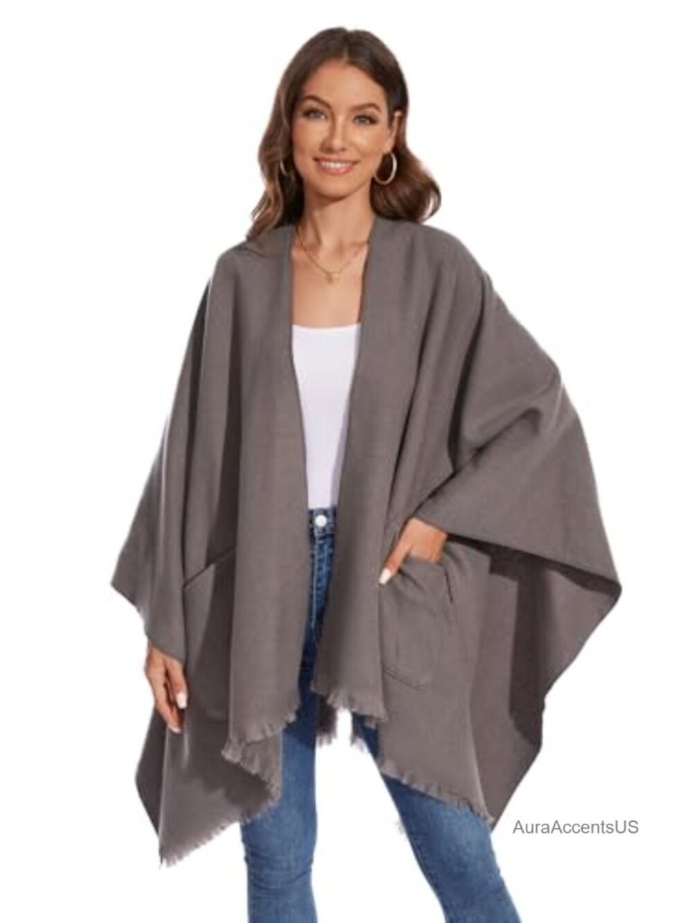 Women's Knitted Cape Poncho Scarf Wrap Open Front with Pockets, 100% Polyester,